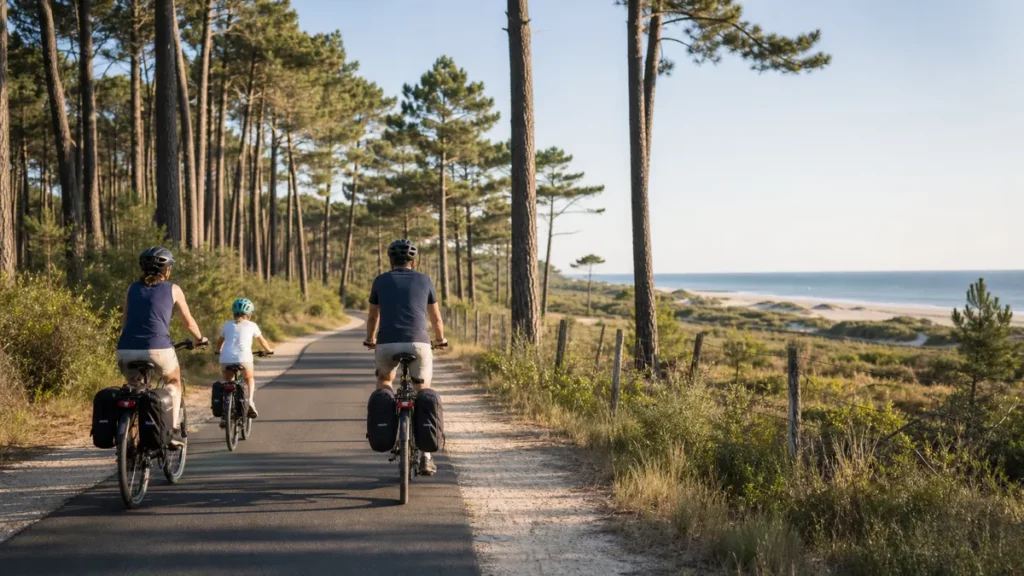 famille à vélo sur une piste cyclable du Médoc entre forêt de pins et océan