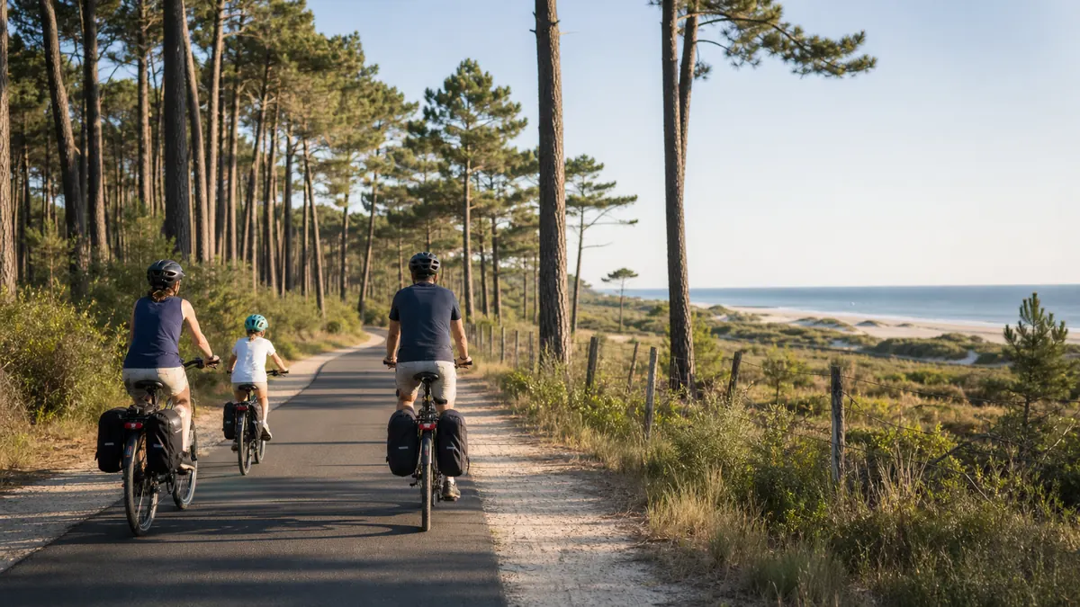 famille à vélo sur une piste cyclable du Médoc entre forêt de pins et océan